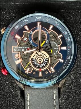 NIB CURREN 8380 Chronograph Skeleton Dial Blue Bezel Leather Men's Watch